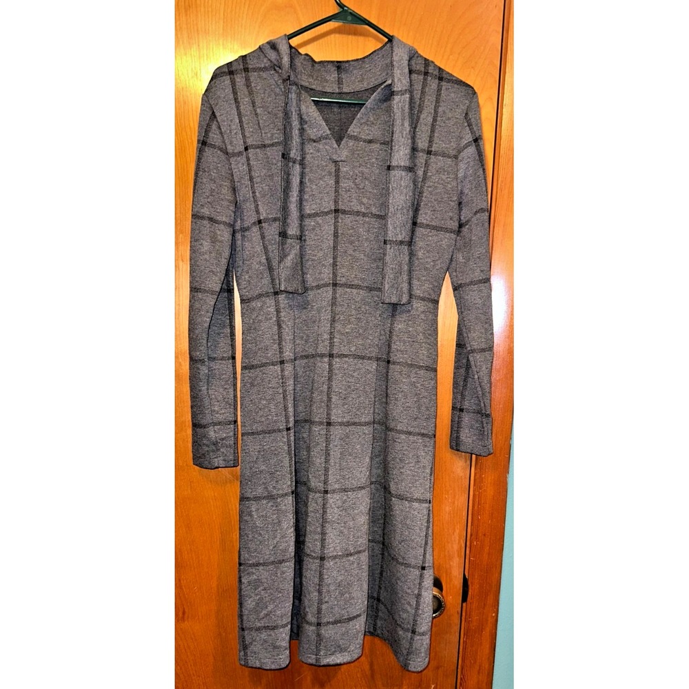 Ann Taylor Gray Windowpane Plaid Long Sleeve Tie Neck Knit Dress Small